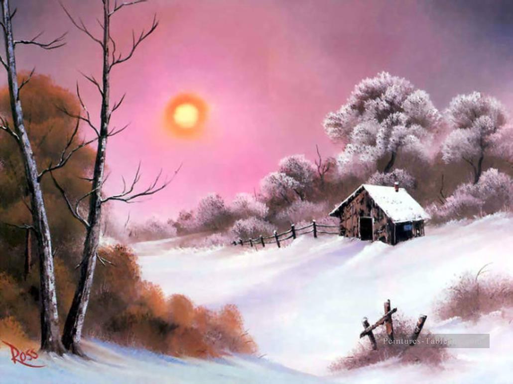 Coucher de soleil rose en hiver Bob Ross Paysage Peintures à l'huile